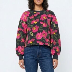 Alice + Olivia Gaia Puff Sleeve Crewneck Sweatshirt Black Size XS